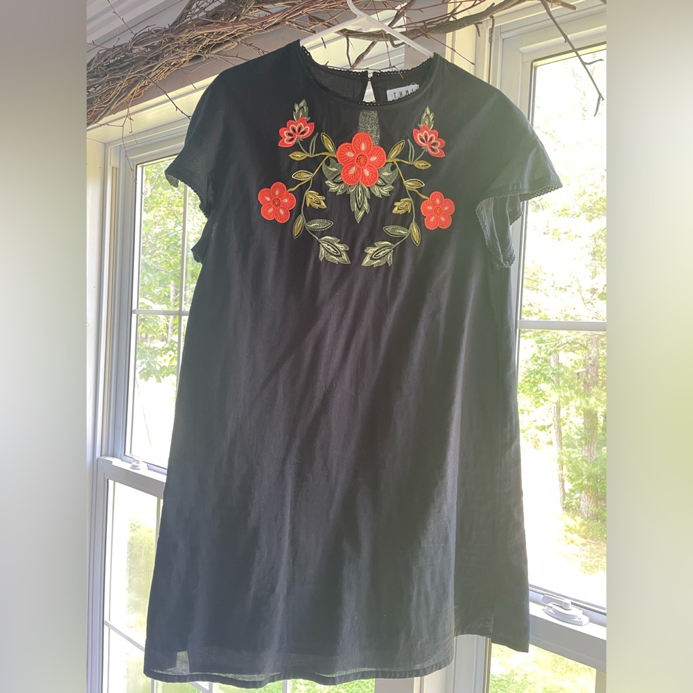 THML Embroidered Neckline Flutter Sleeve Dress